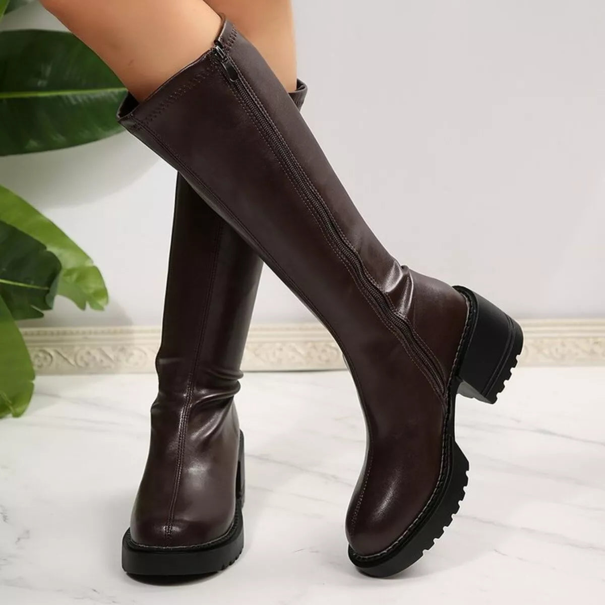 Round Toe Block Heels Boots 