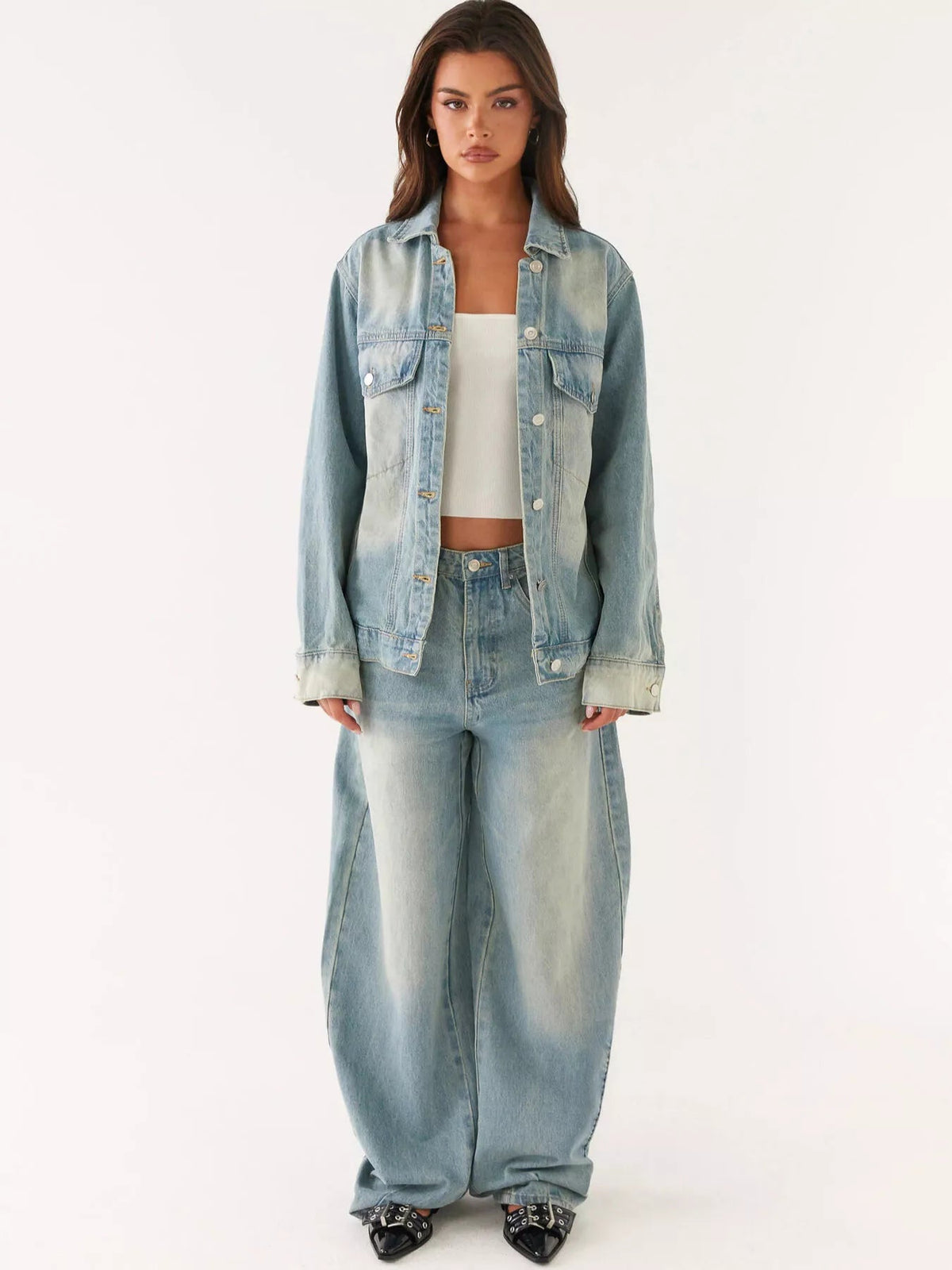 Button Up Denim Jacket and Jeans Set Trendsi
