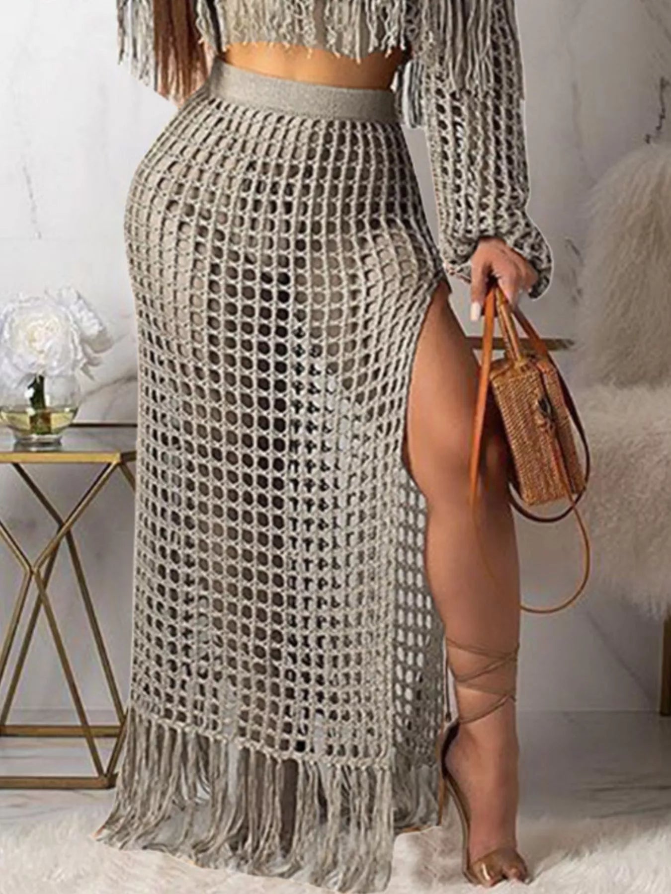 Full Size Crochet Off-Shoulder Fringe Top and Skirt Set Plus Size Trendsi