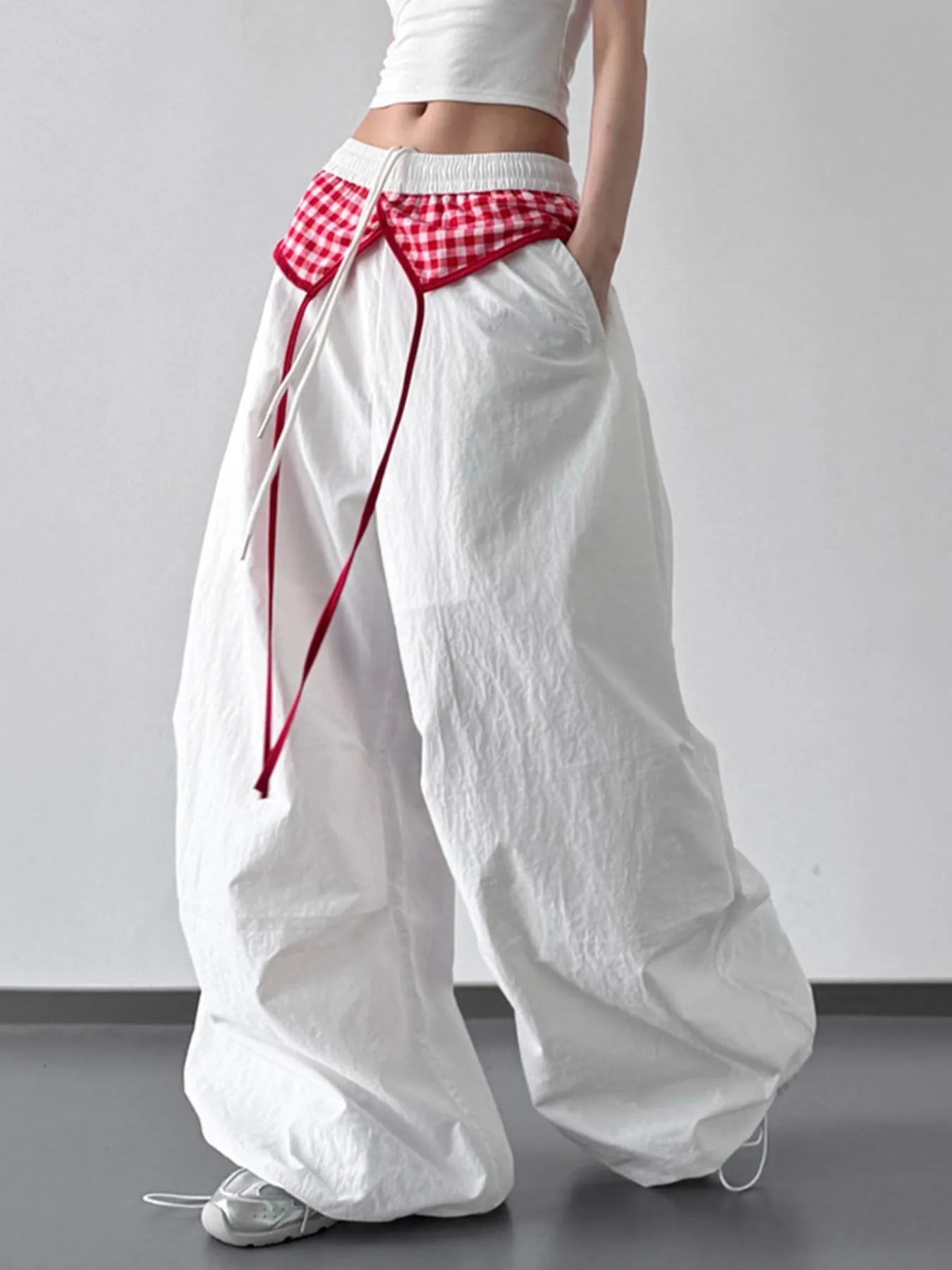 Wide Leg Pants with Checkered Detail 