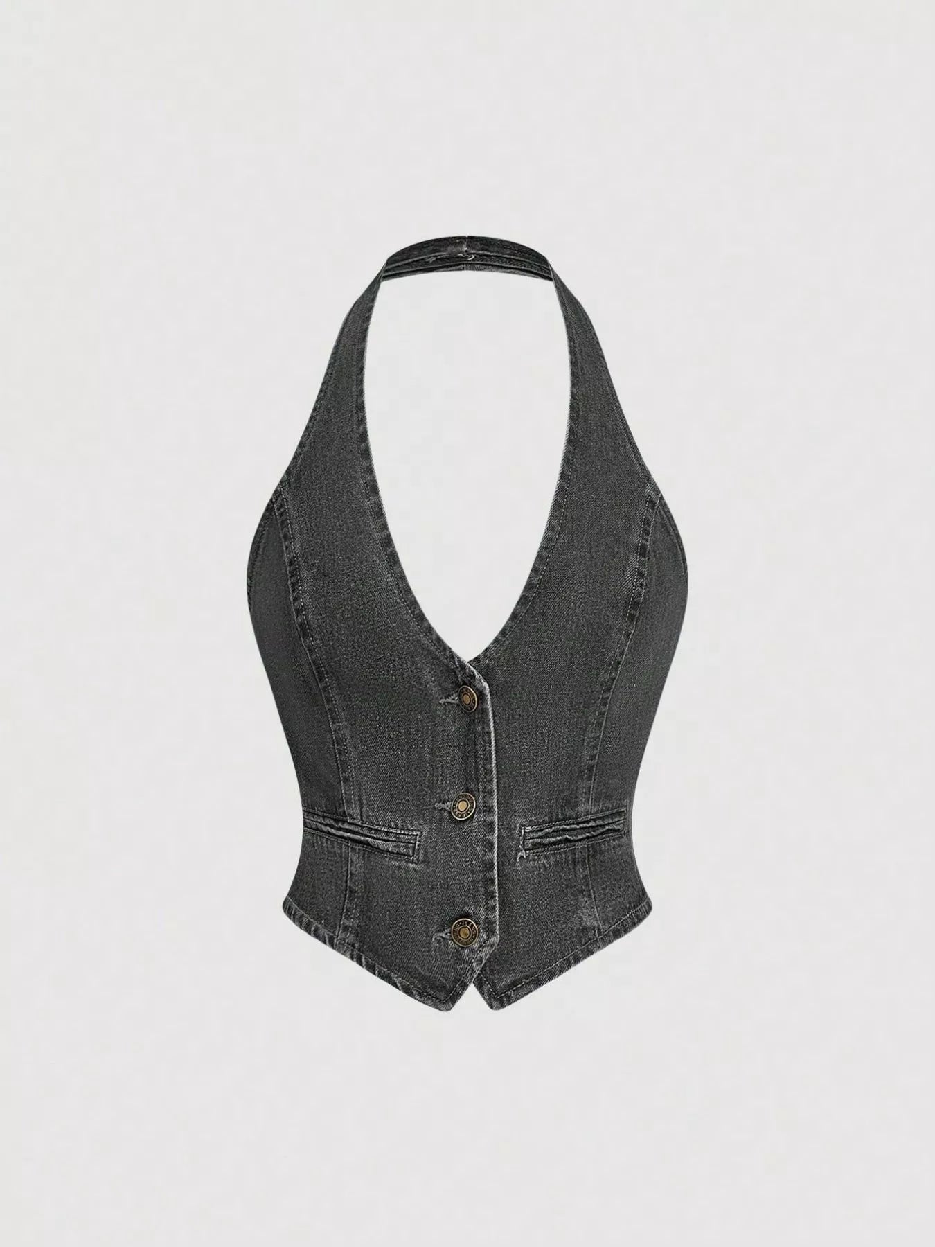 Halter Neck Denim Vest and Wide-Leg Jeans Set Trendsi