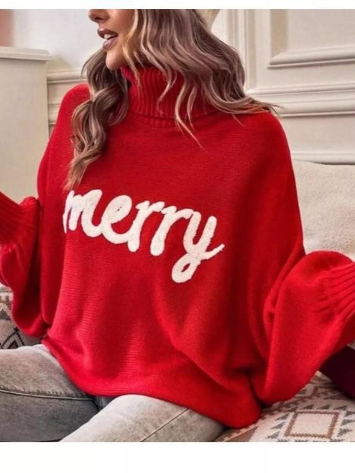 Merry Turtleneck Long Sleeve Christmas Sweater Trendsi