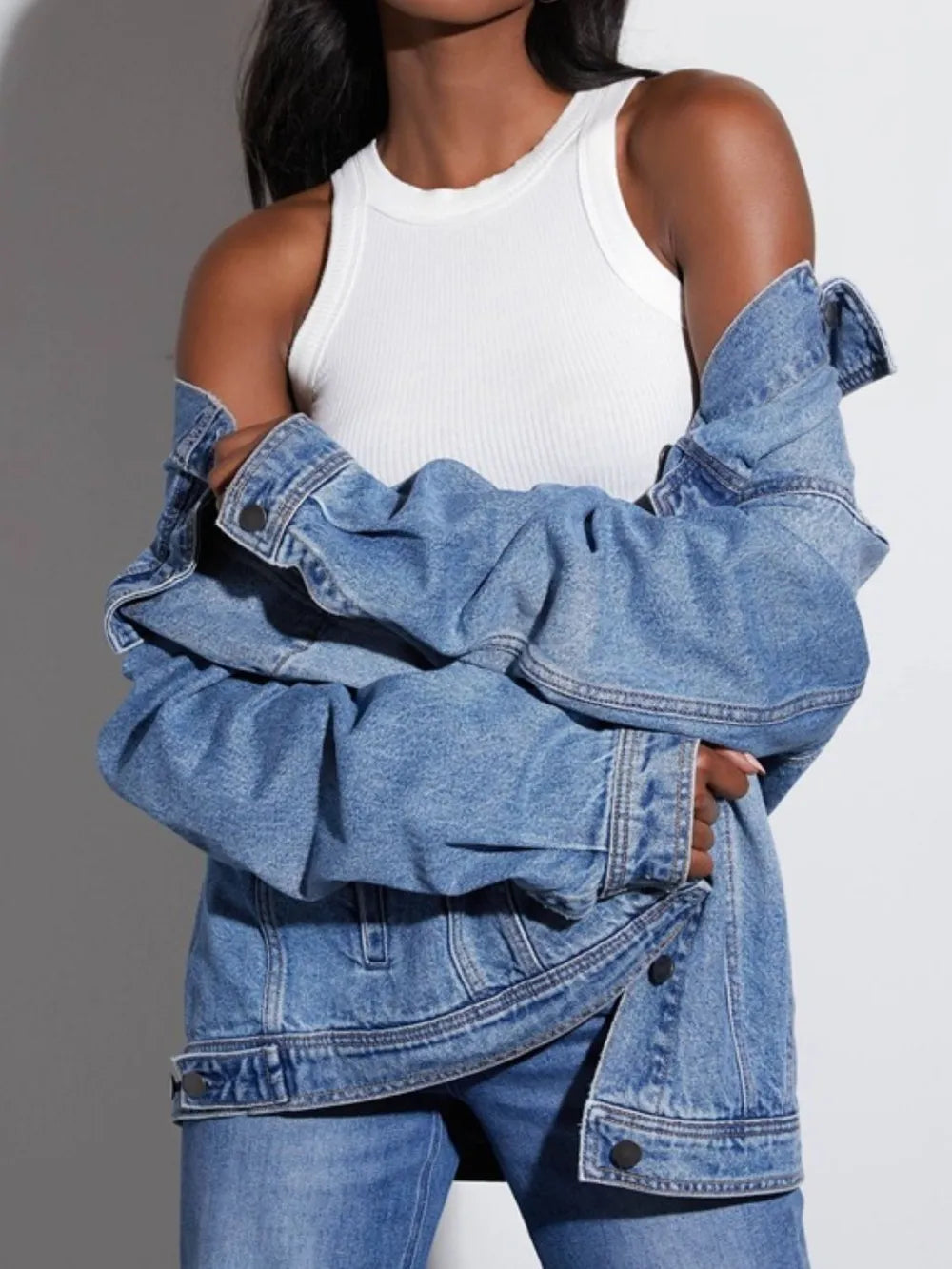 Button Up Collared Neck Denim Jacket 