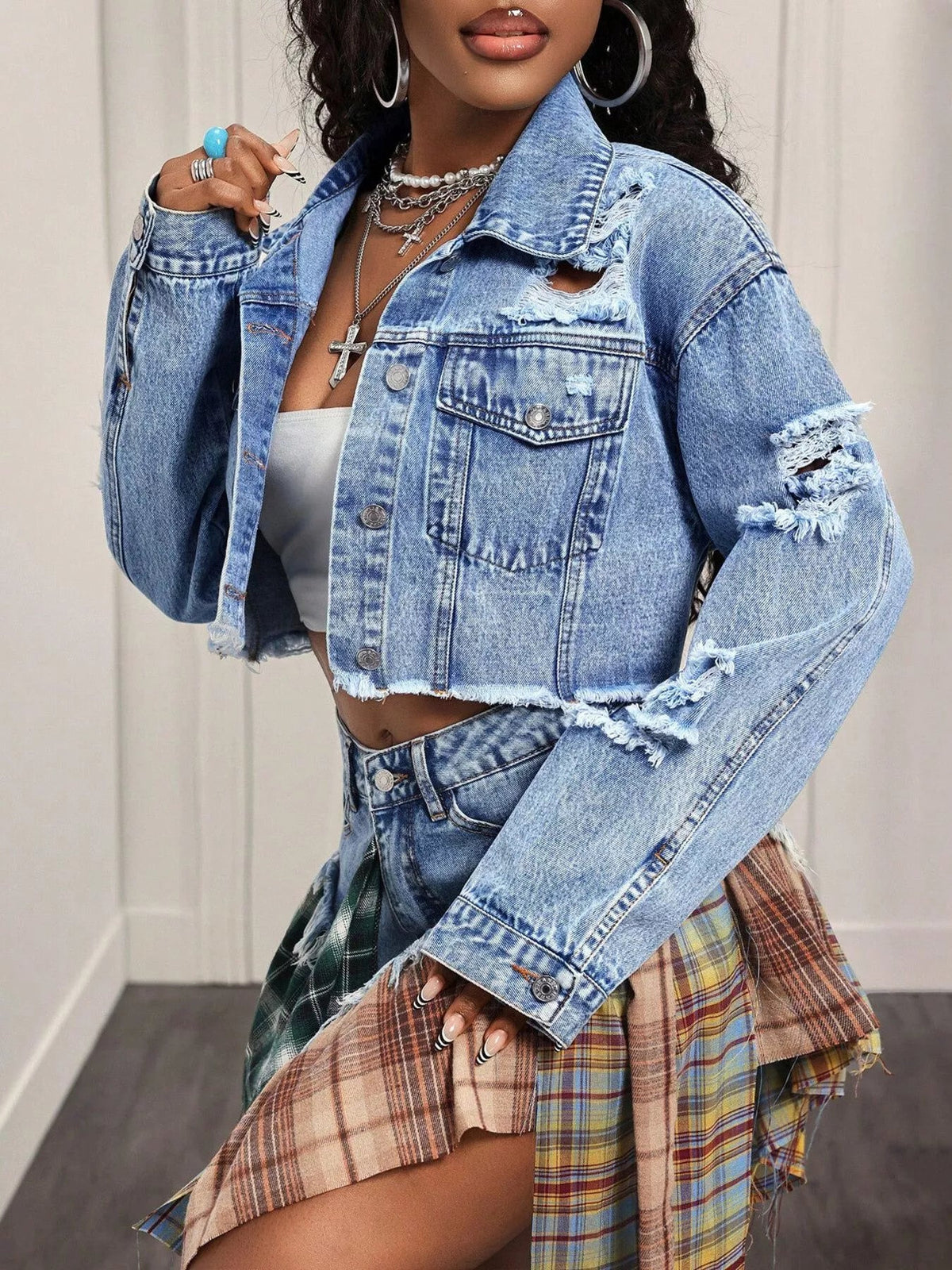 Distressed Cropped Denim Jacket 