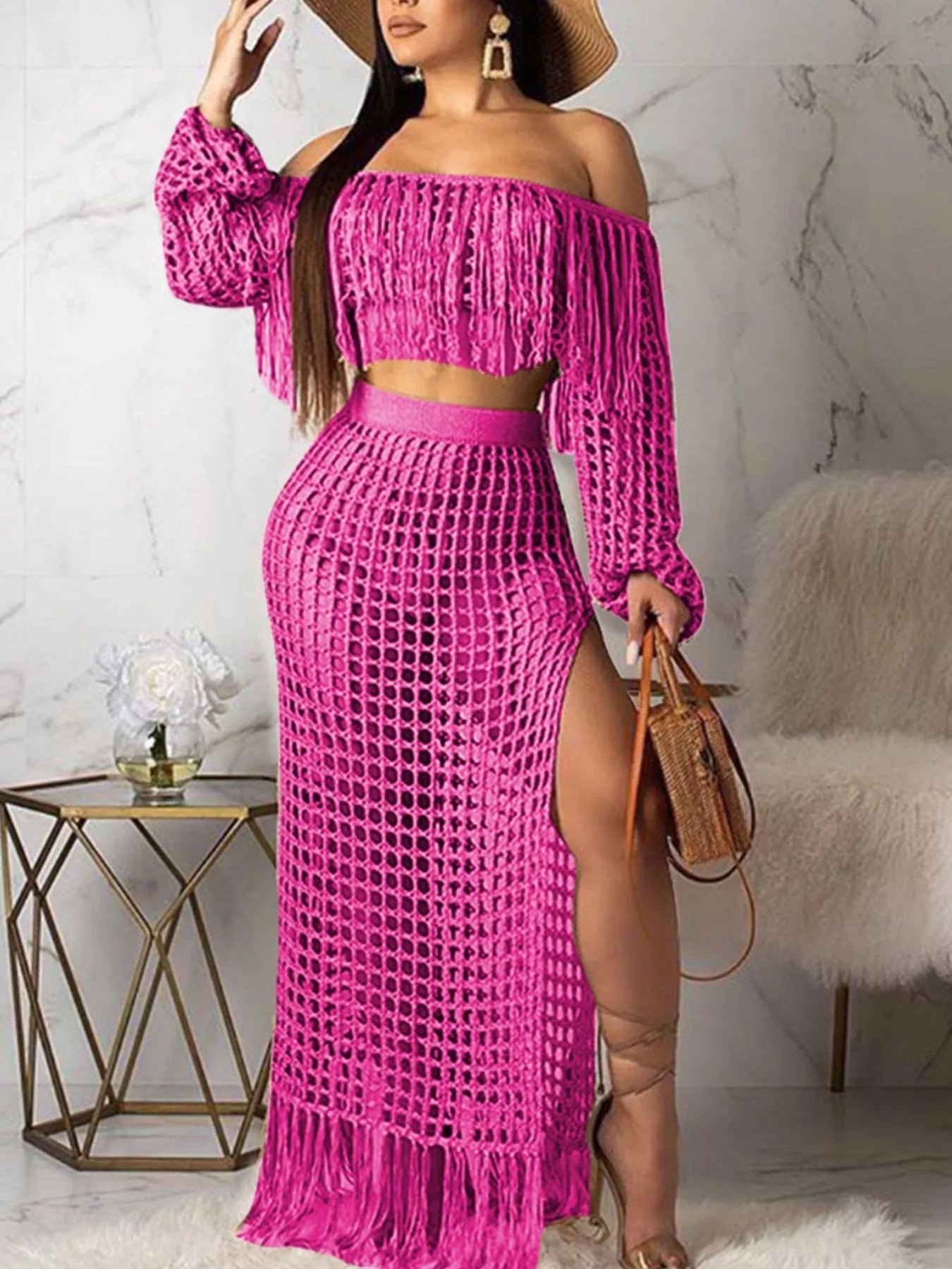 Full Size Crochet Off-Shoulder Fringe Top and Skirt Set Plus Size Trendsi