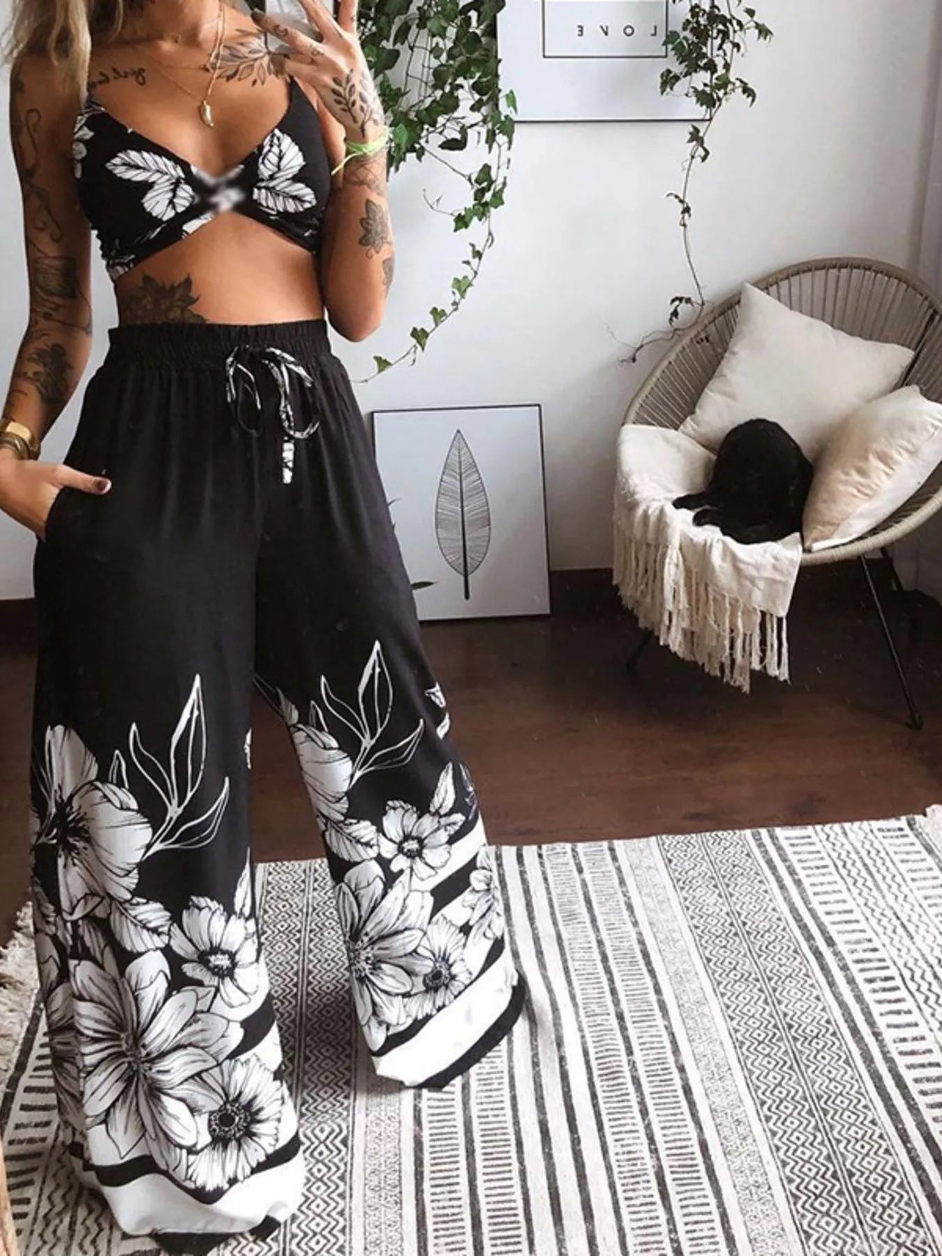 Boho Butterfly Print Top and Pants Set 