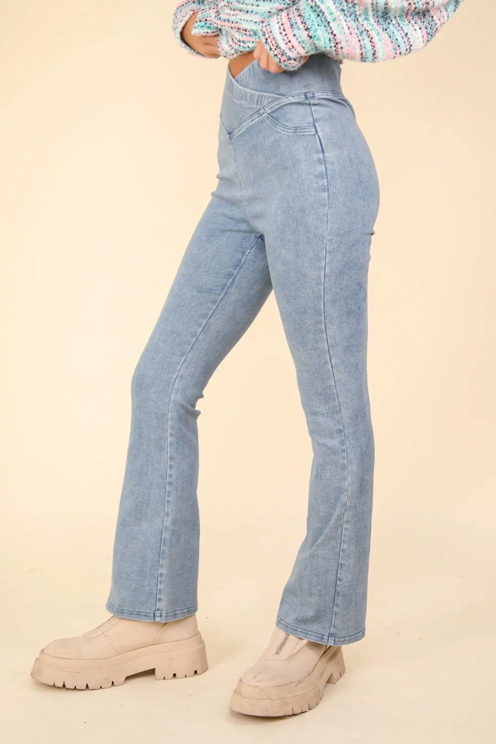 VERY J Washed Denim Stretchy Crossover Waist Leggings Luckygirlsclothingcompany.com