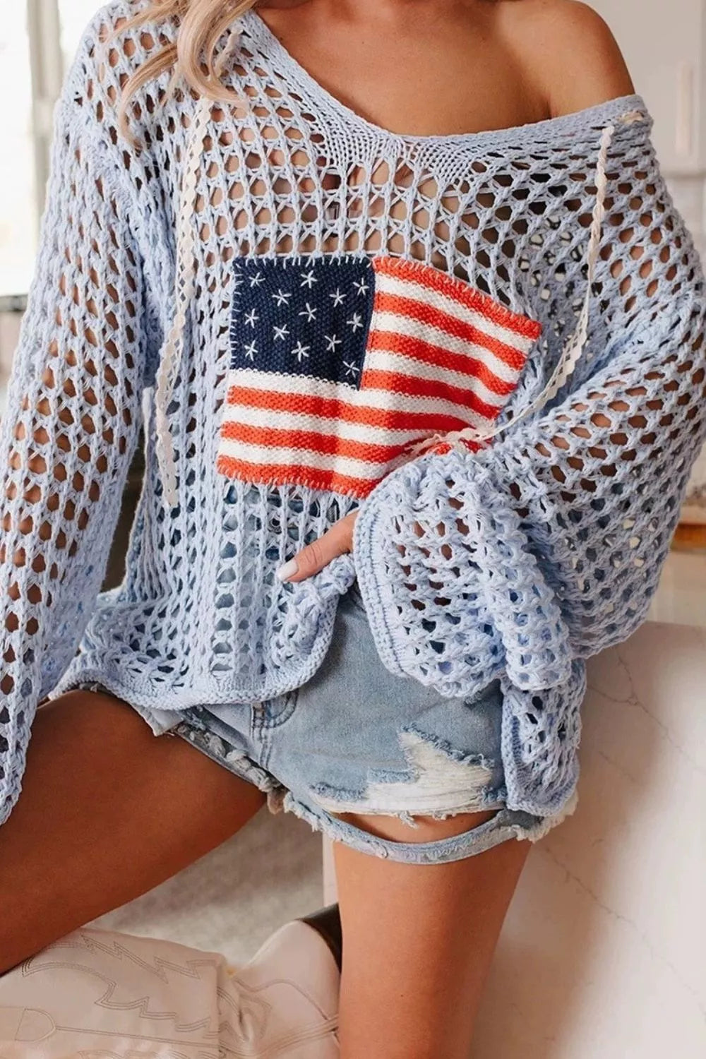 Hollow Out Crochet Knit American Flag Patched Knit Cover Up Luckygirlsclothingcompany.com