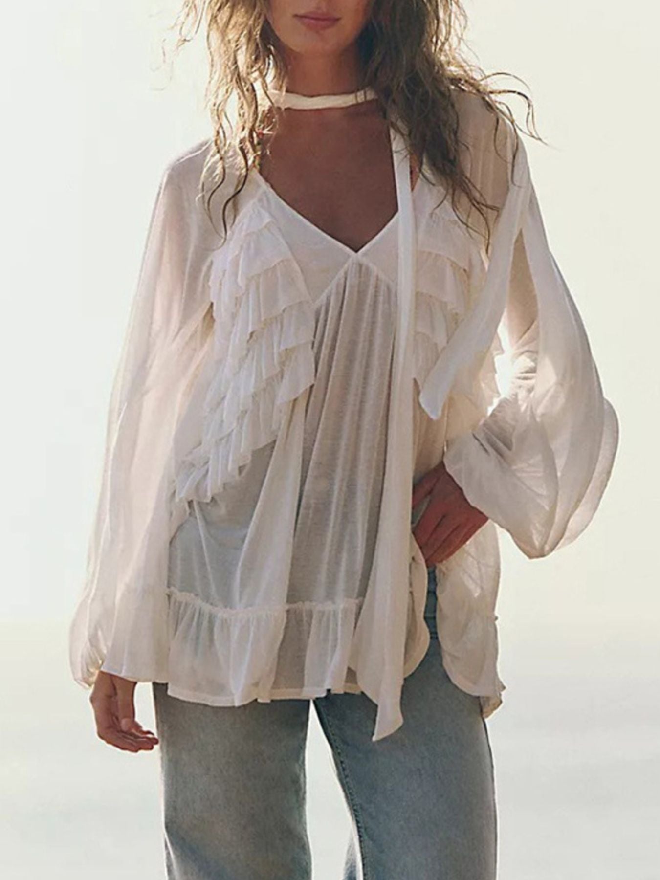 Sheer Ruffle Trim Beach Cover-Up 