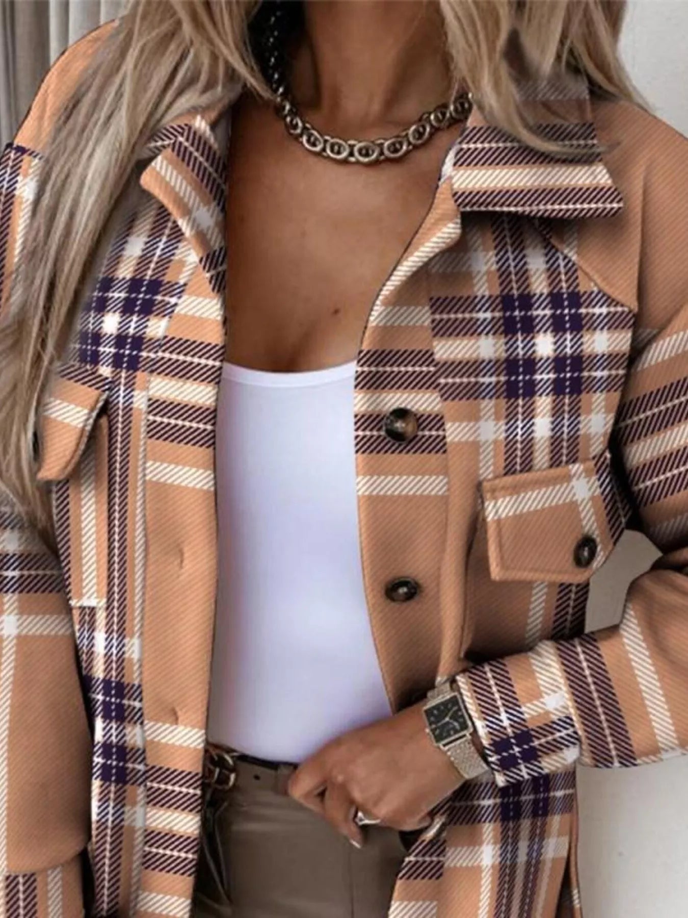Button Up Long Sleeve Plaid Outerwear 