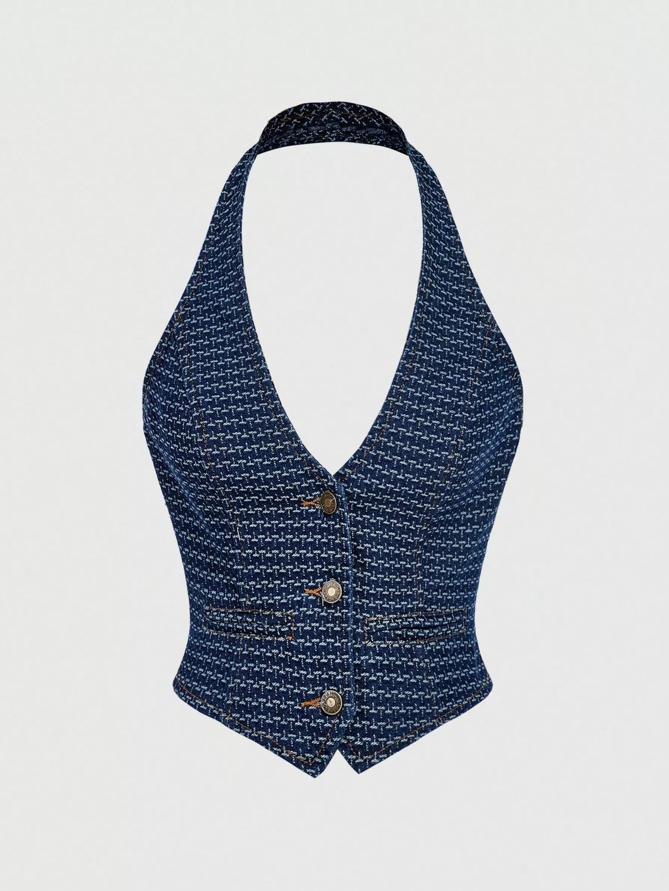Halter Neck Denim Vest and Wide-Leg Jeans Set Trendsi