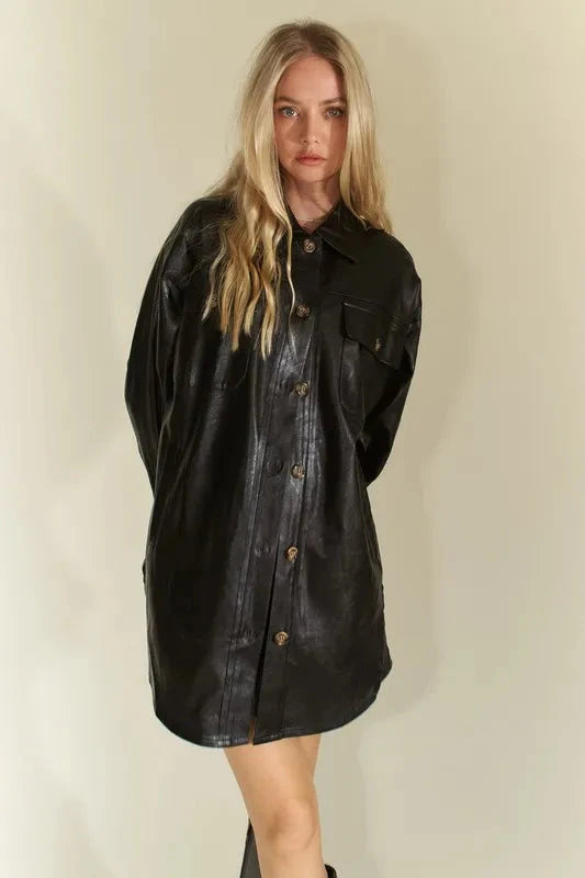 Davi & Dani Faux Leather Button Up Jacket with Chest Pockets 