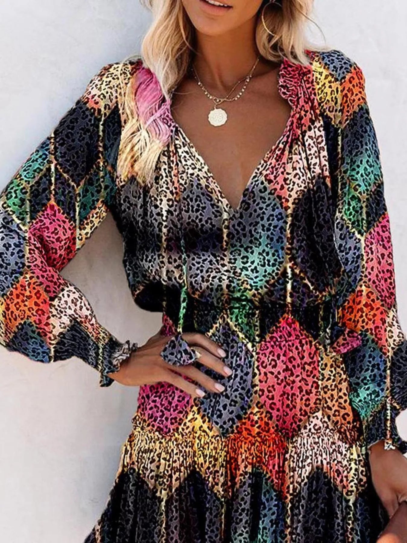 Tie Neck Lantern Sleeve Dress Trendsi