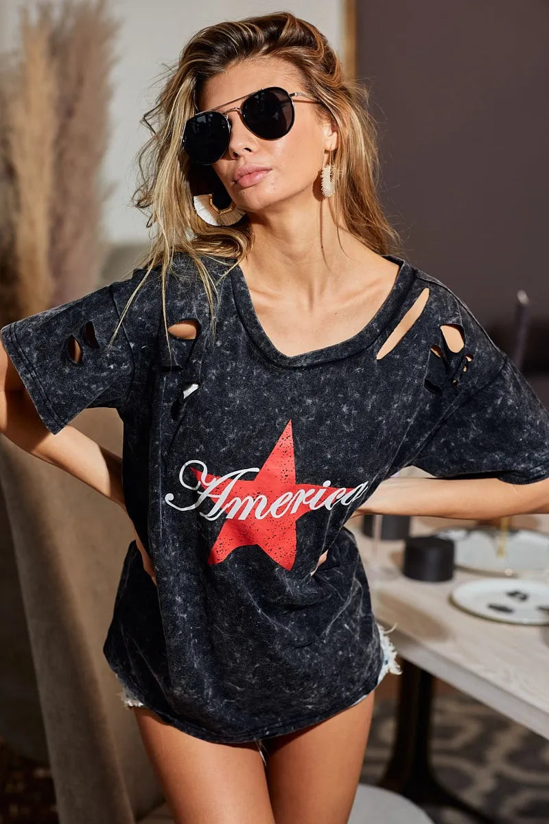 BiBi Laser Cut Mineral Washed Jersey Top with  America Trendsi