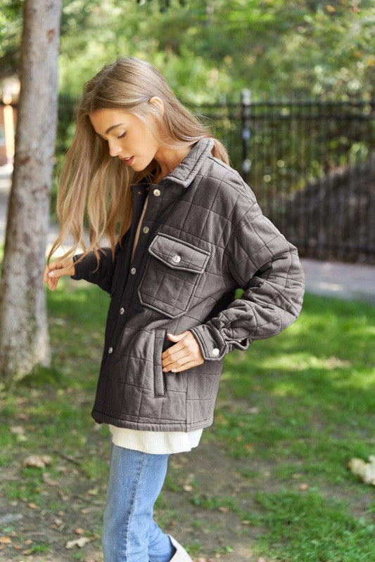 Solid Mineral Wash Quilted Pockets Shacket Davi & Dani