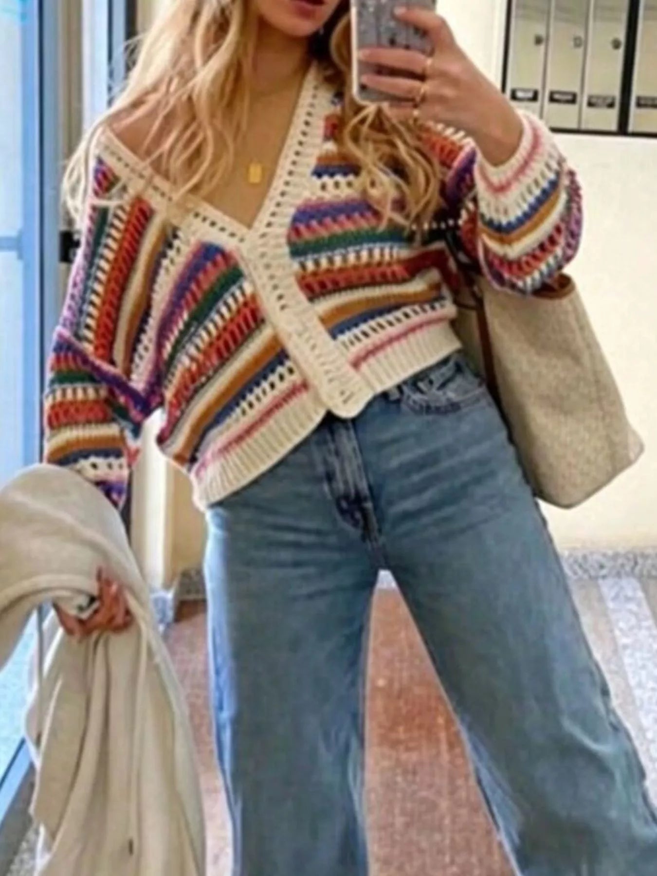 Striped Crochet Knit Cardigan Trendsi