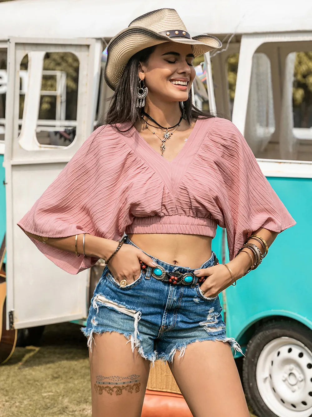 Textured V-Neck Crop Top 