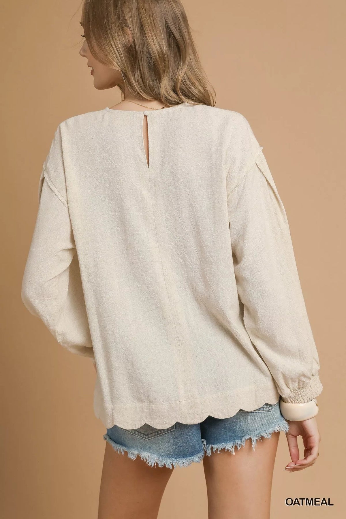 Umgee Linen Scallop Hem Long Sleeve Blouse Trendsi