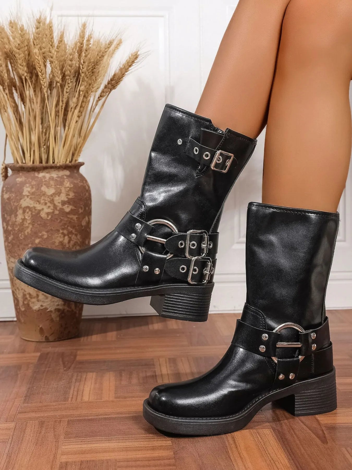 Round Toe Block Heels Boots 