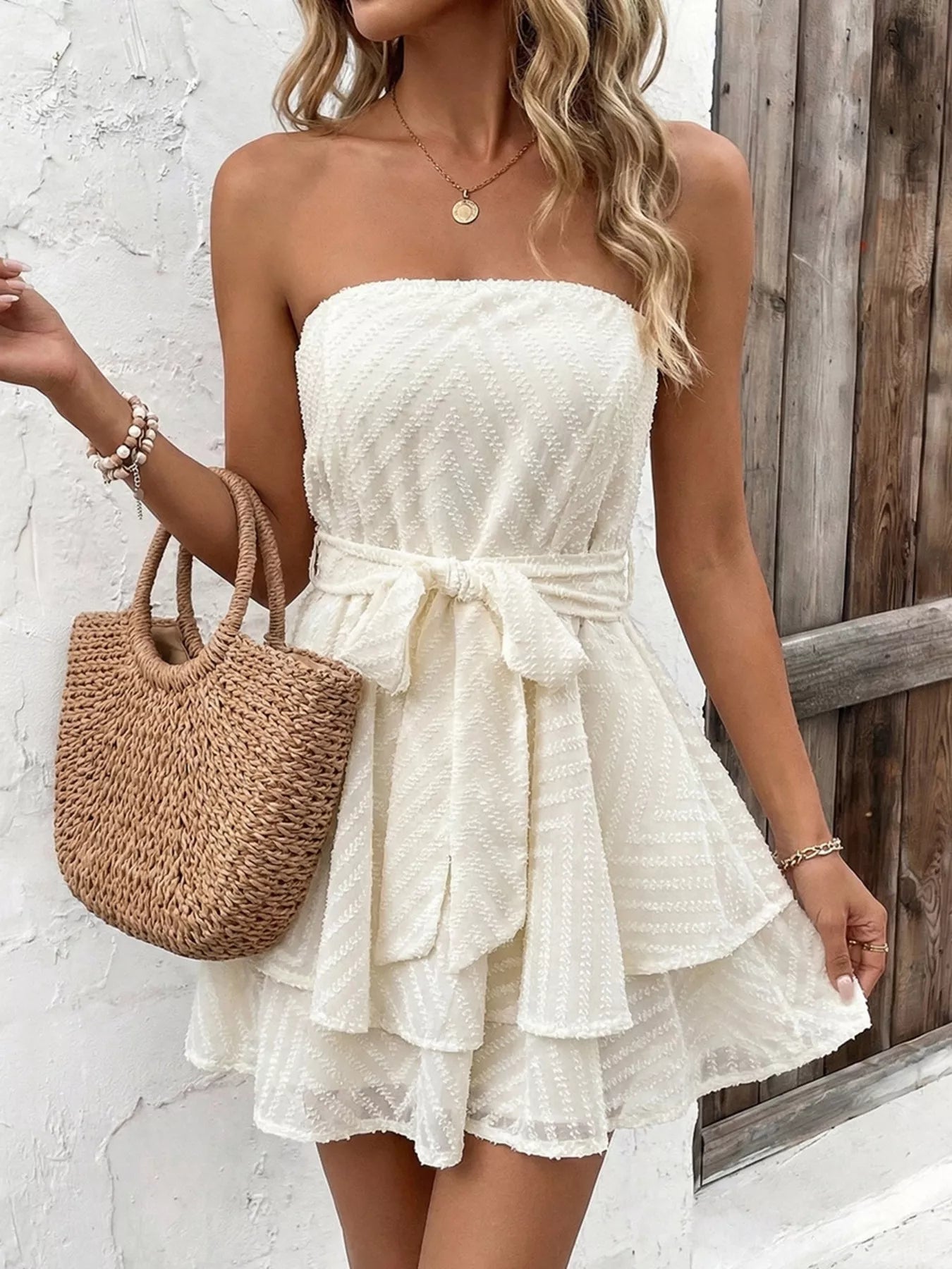 Ruffle Textured Tube Mini Dress Trendsi