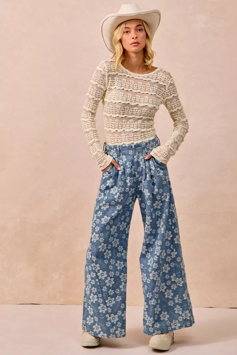 BiBi Ruffles Detail Flower Lace Top Trendsi