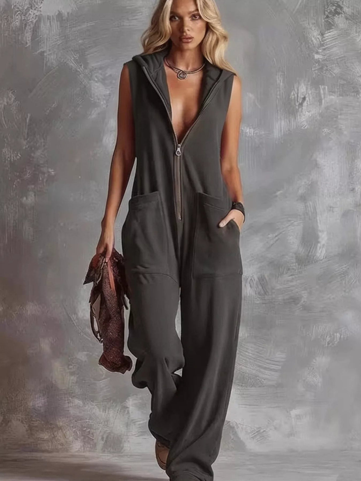Sleeveless Hooded Zip-Front Casual Jumpsuit Trendsi