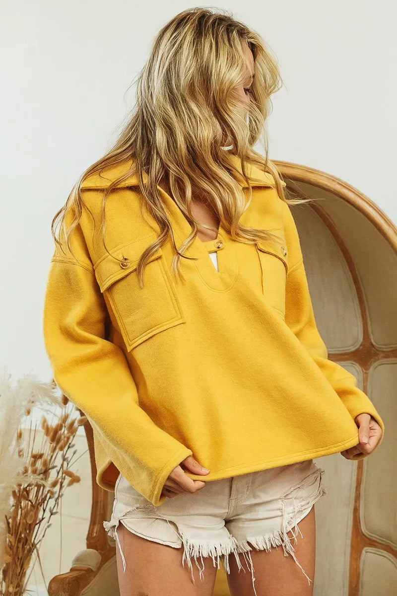 BiBi Flap Pockets Fleece Collared Sweatshirt Trendsi