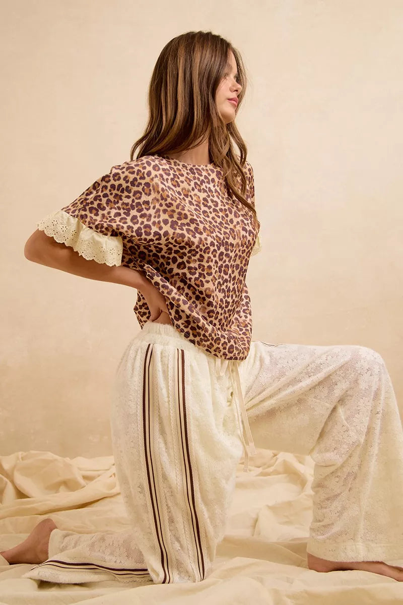 BiBi Leopard and Eyelet Lace Ruffled Top and Shorts Set Trendsi