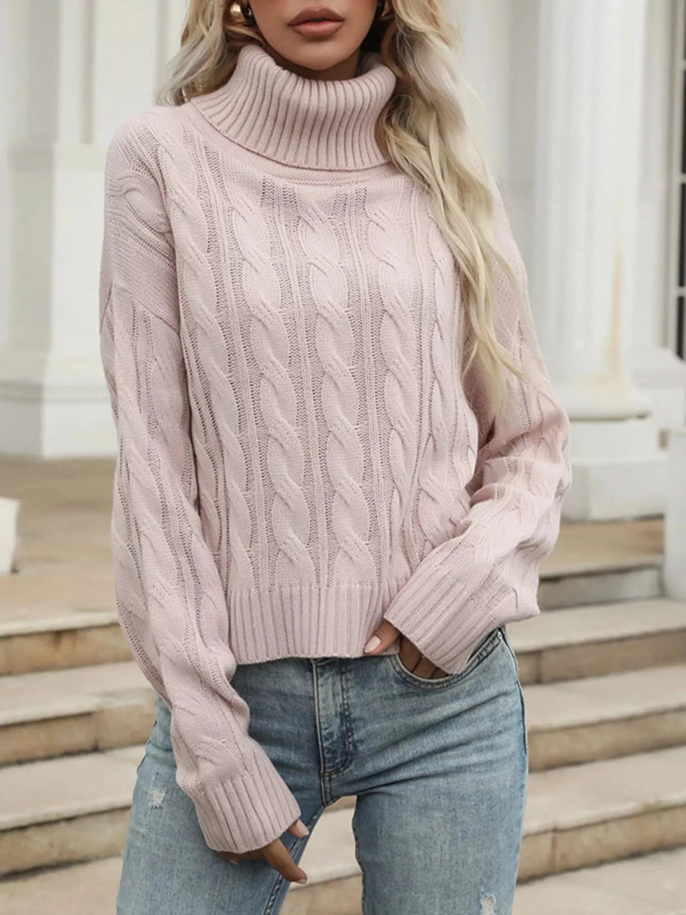Cable Knit Turtleneck Sweater Trendsi