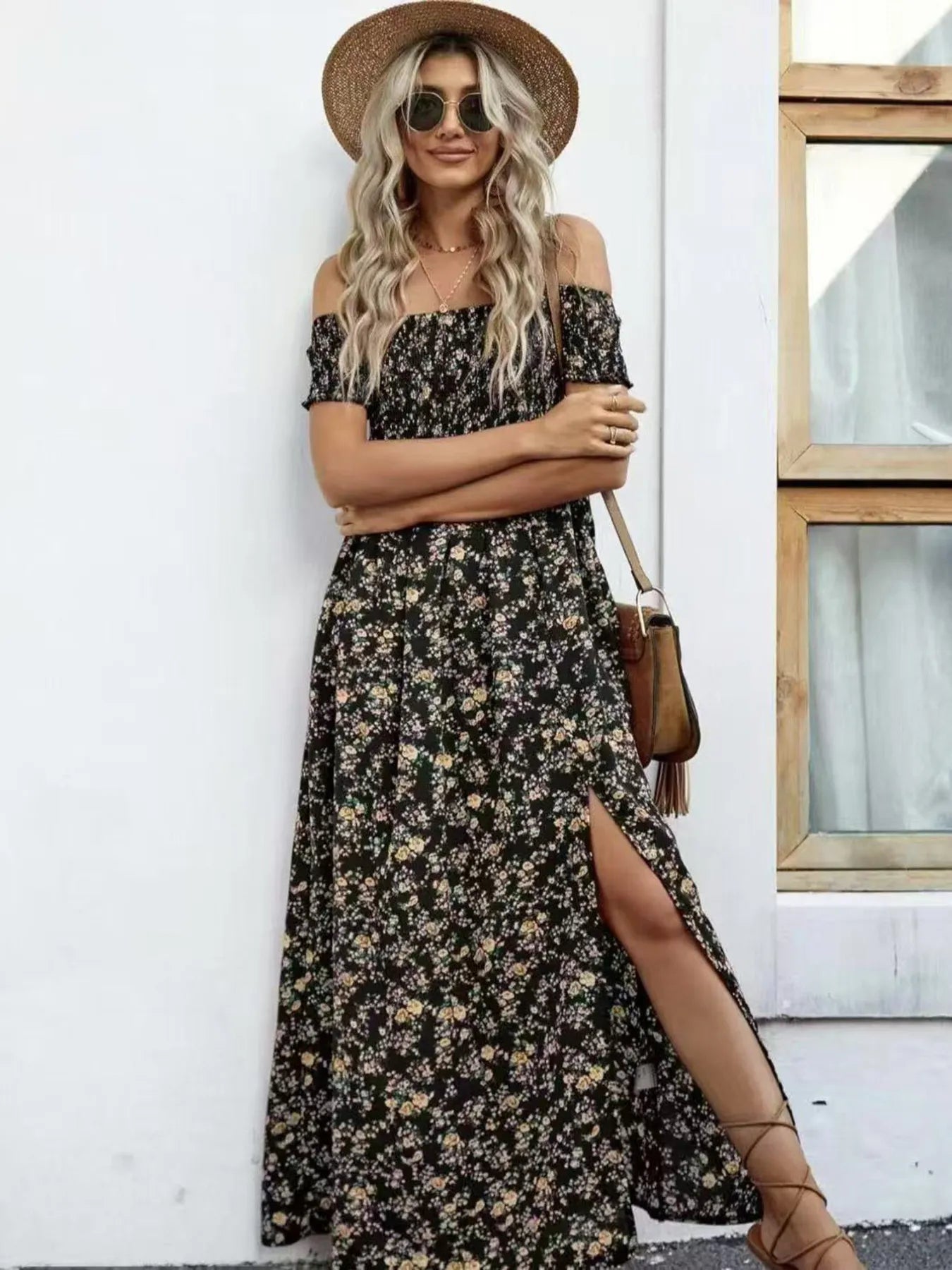 Full Size Slit Off-Shoulder Floral Midi Dress Plus Size Trendsi