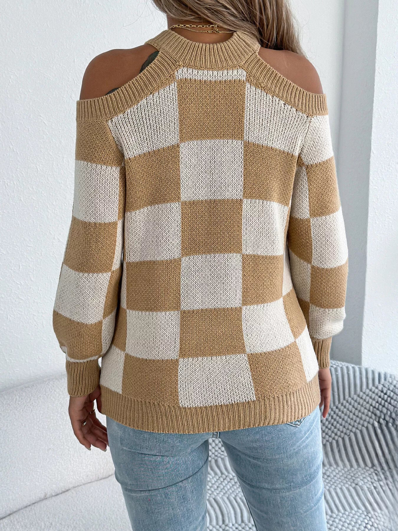 Cold Shoulder Checkered Long Sleeve Sweater 