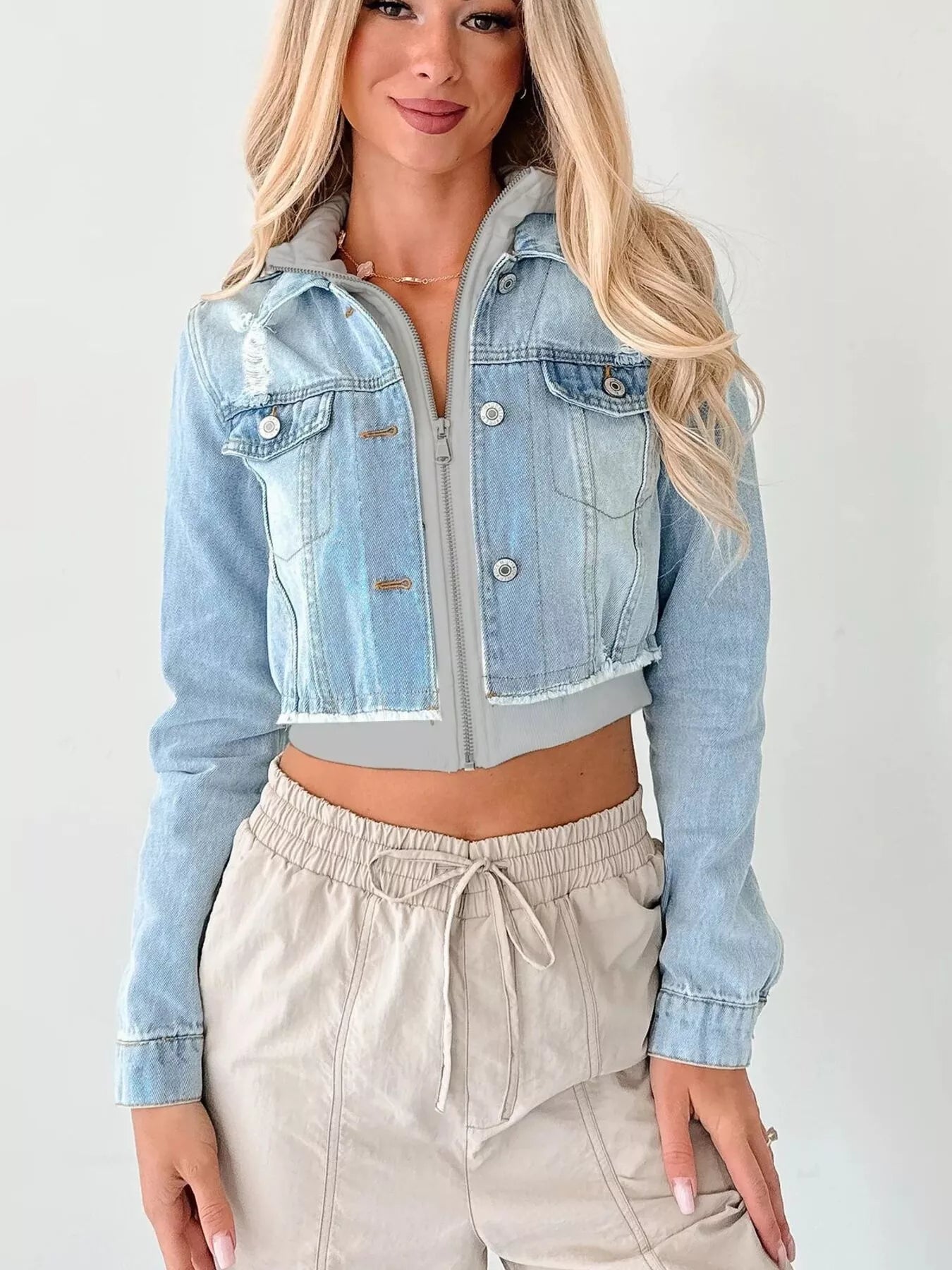 Distressed Zip Up Cropped Hooded Denim Jacket Trendsi