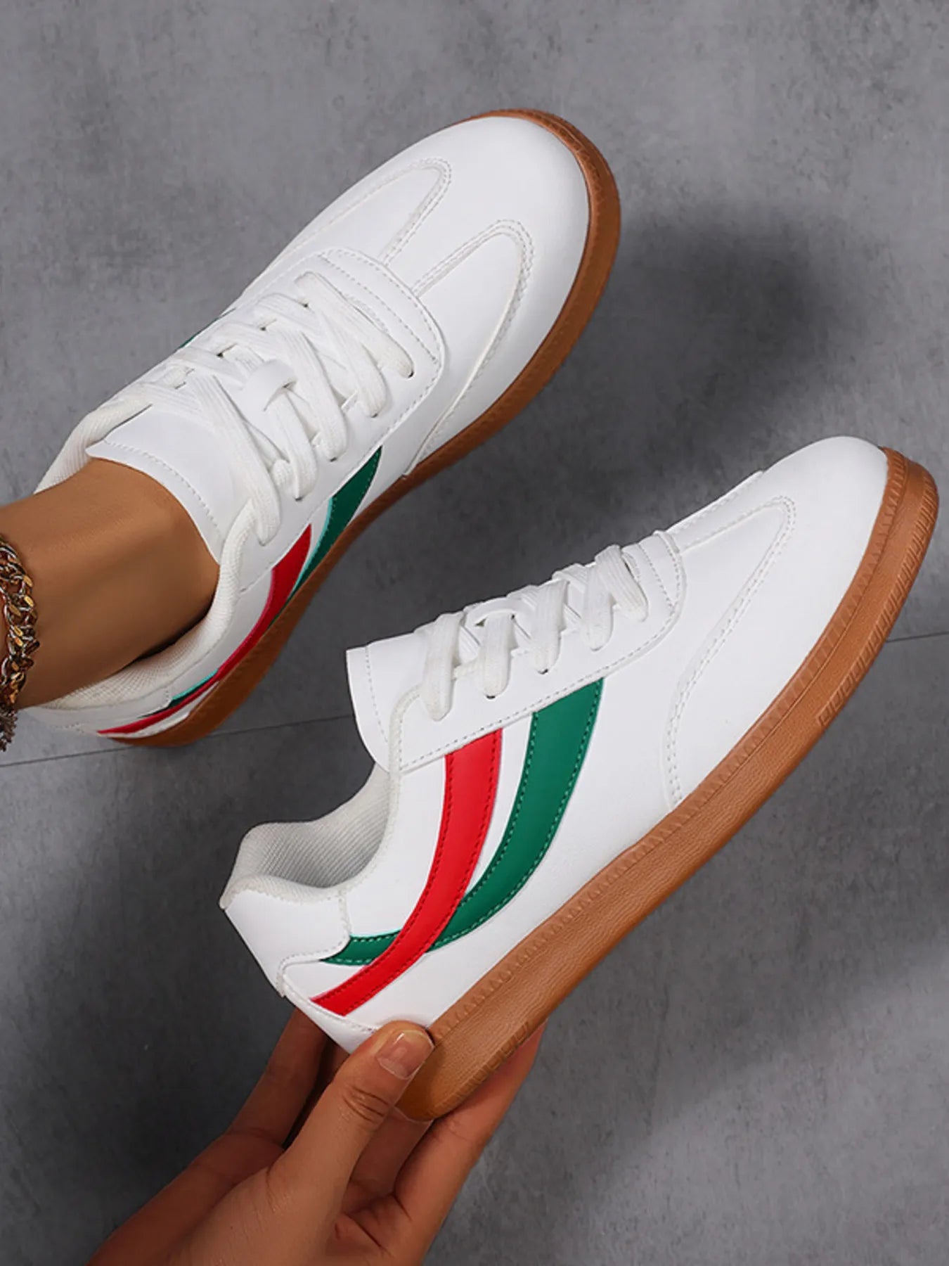 Lace Up Flat Sneakers with Stripe Accent 