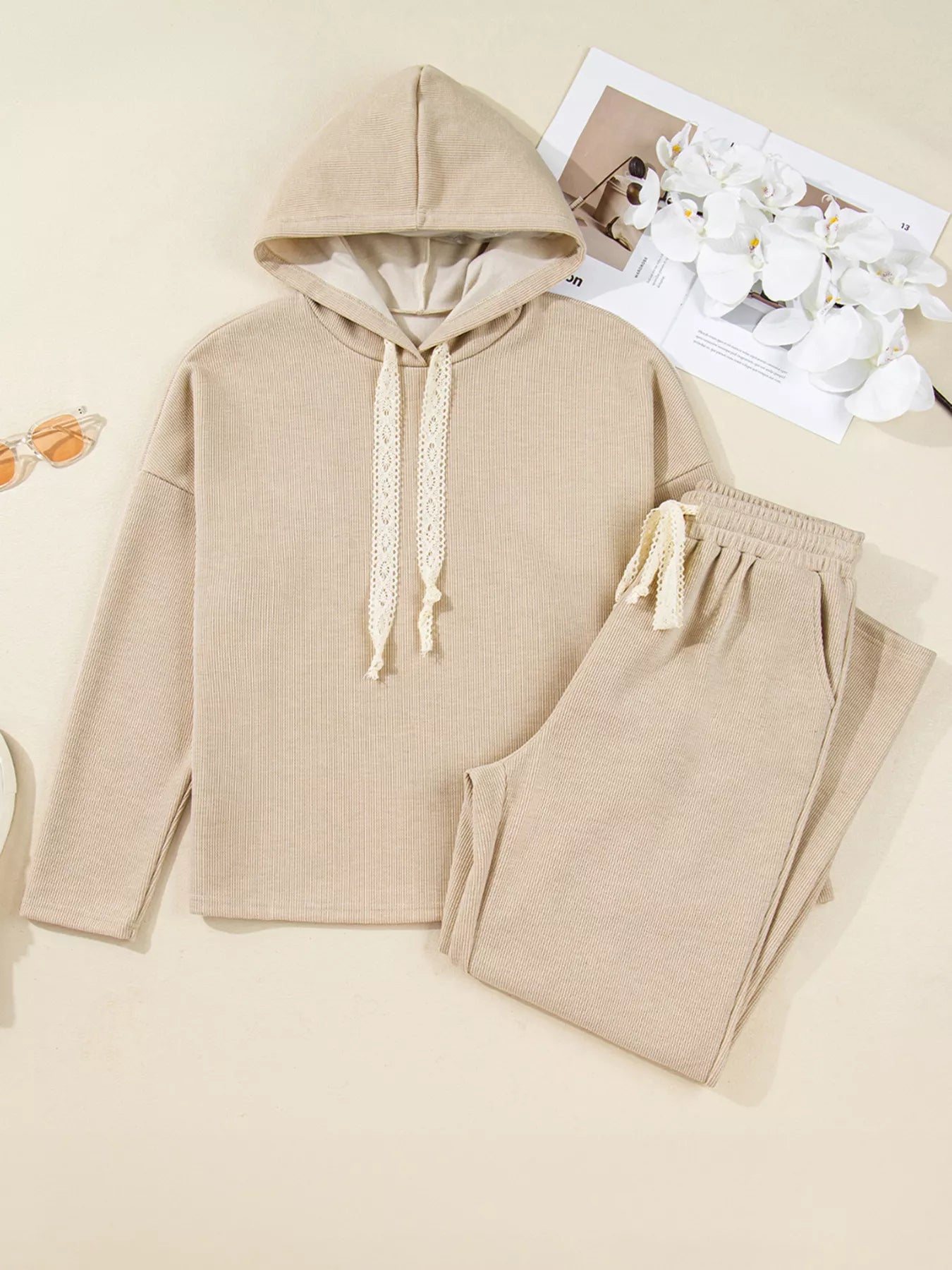 Lace Drawstring Hoodie and High Waist Pants Corduroy Suit Trendsi