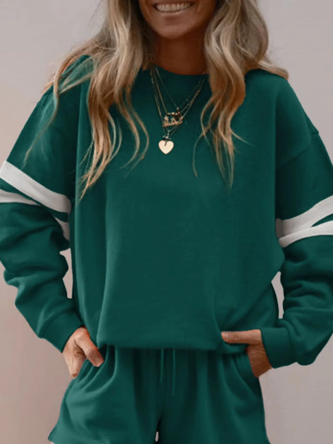 Stripe Round Neck Sweatshirt and Shorts Set Trendsi