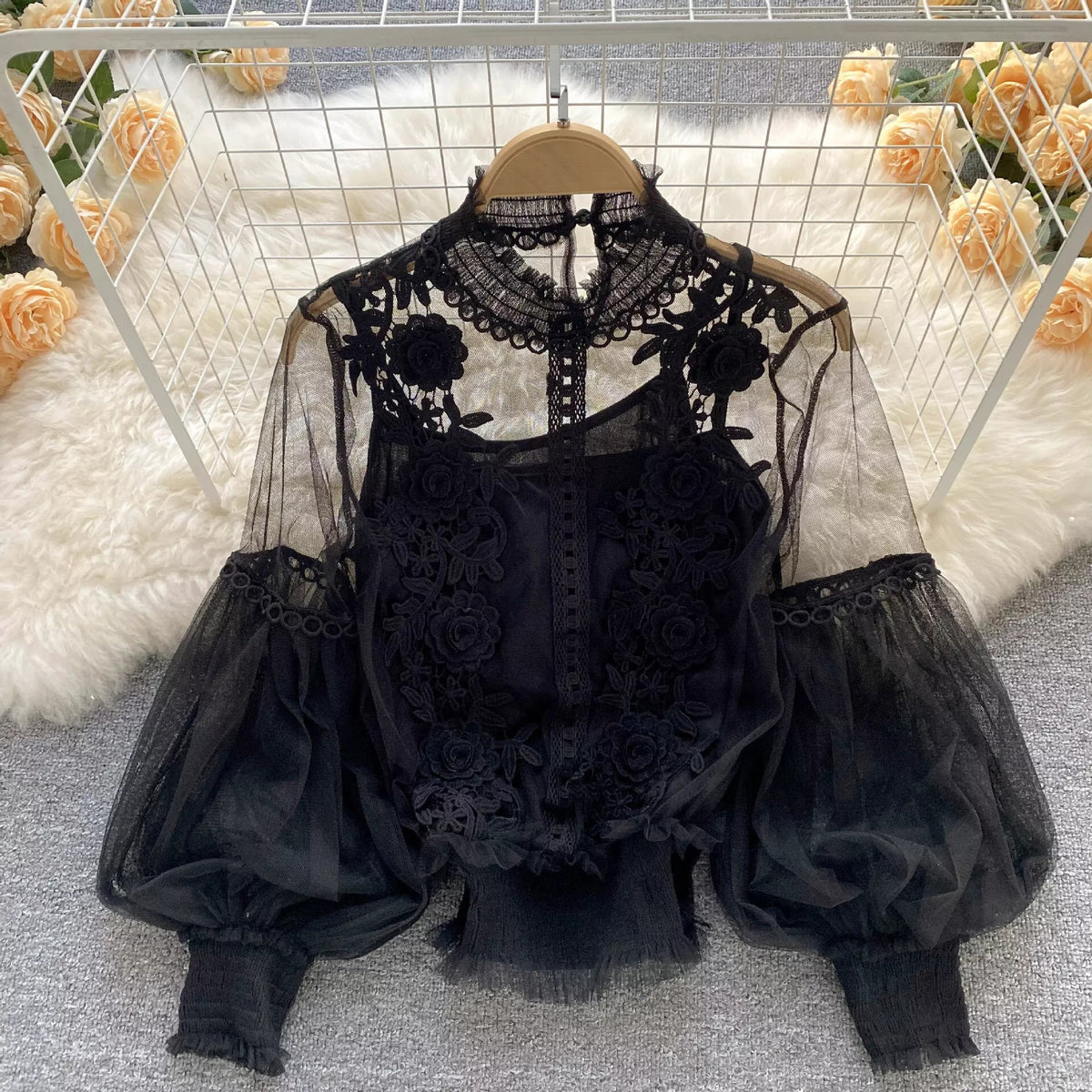 Floral Lace Blouse & Cami Set Trendsi