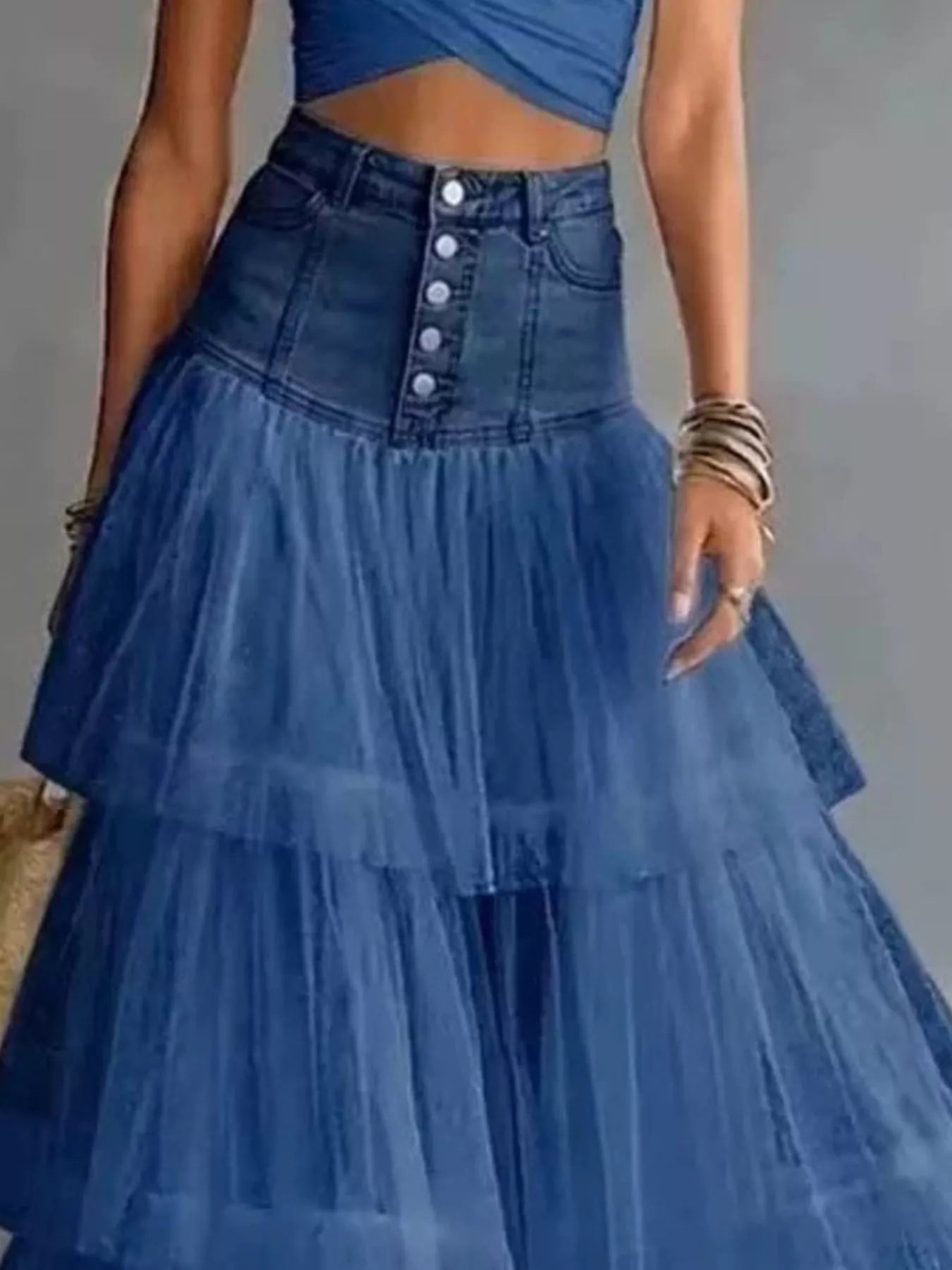 High-Waisted Button-Front Denim and Tulle Maxi Skirt Trendsi