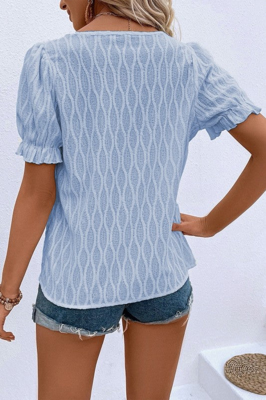 Solid Textured Notch Neck Puff Sleeve Blouse JUNIPER BLVD