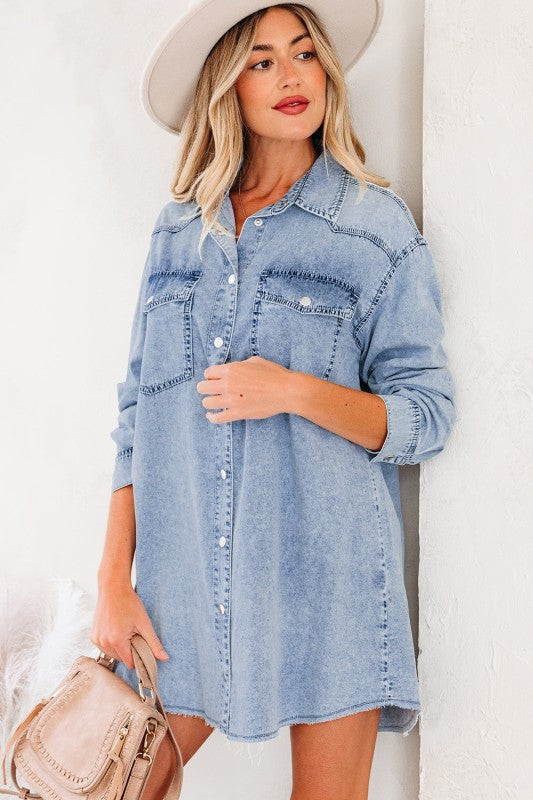 Solid Denim Chest Pocket Raw Hem Shirt Dress 