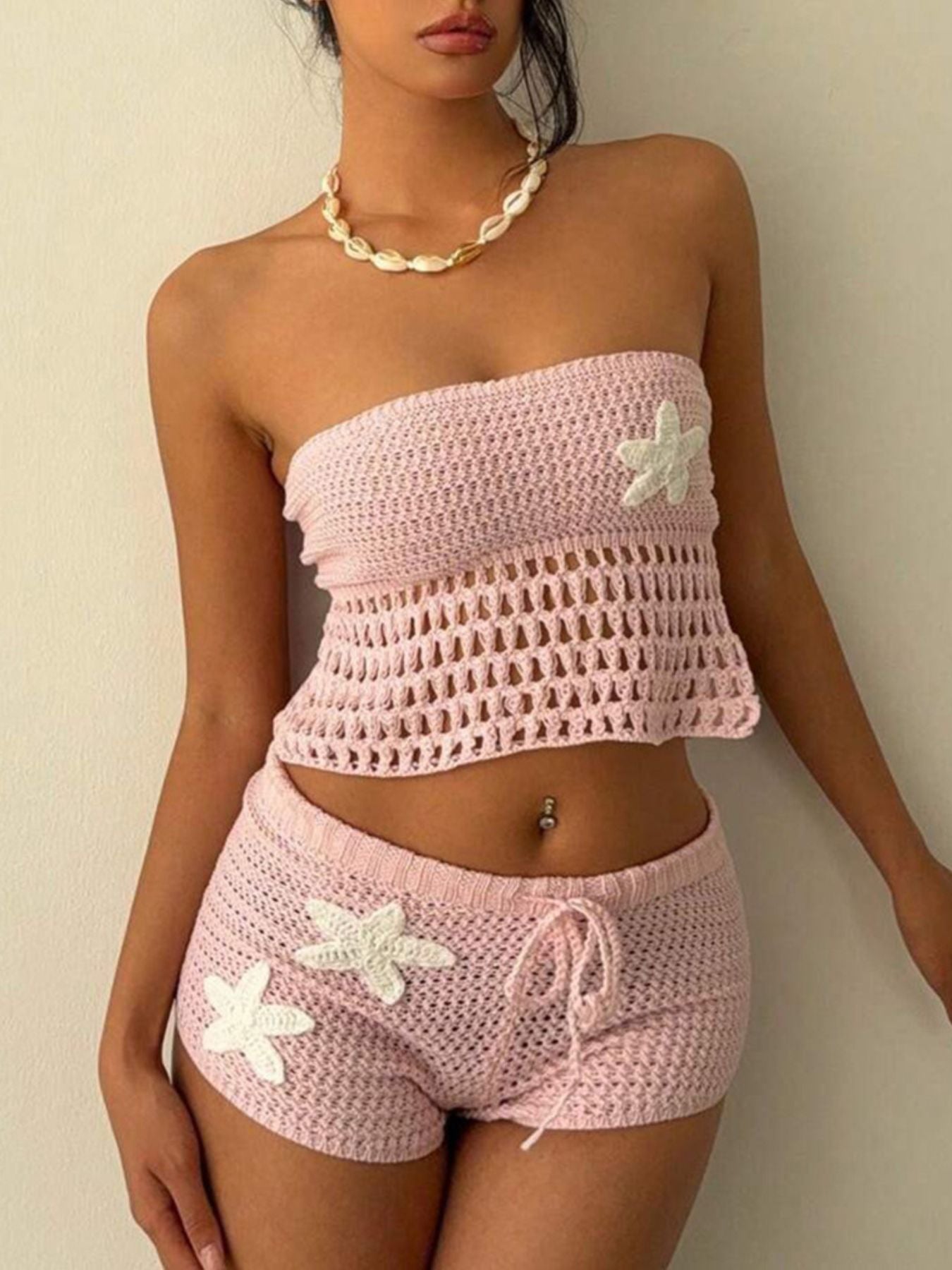 Crochet Tube Top and Shorts Sweater Set 
