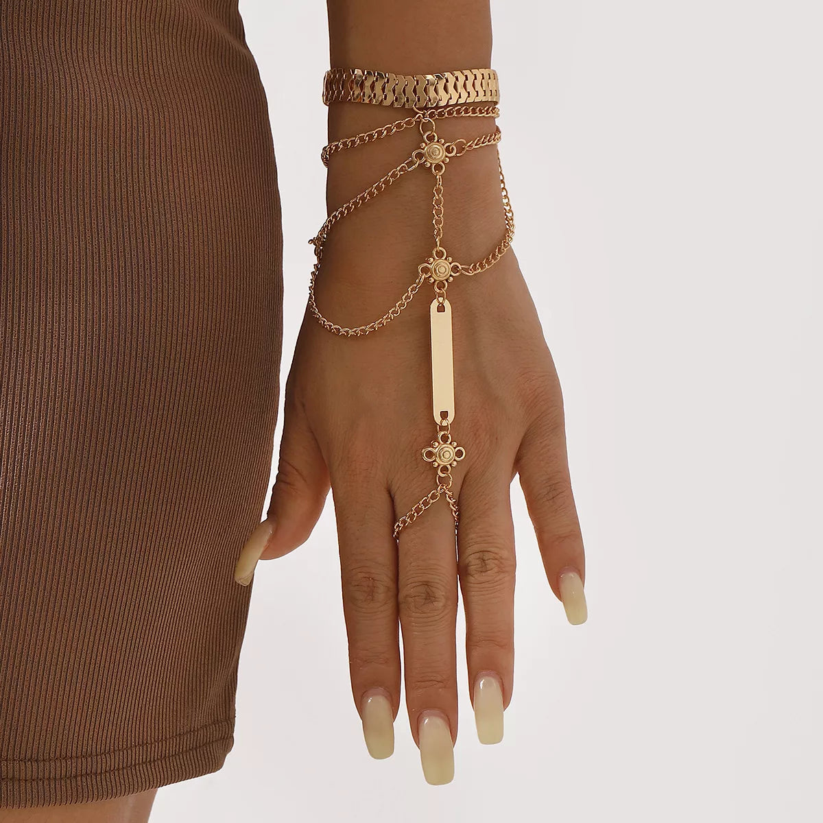 Multi Layered Chain Bracelet with Finger Ring Trendsi