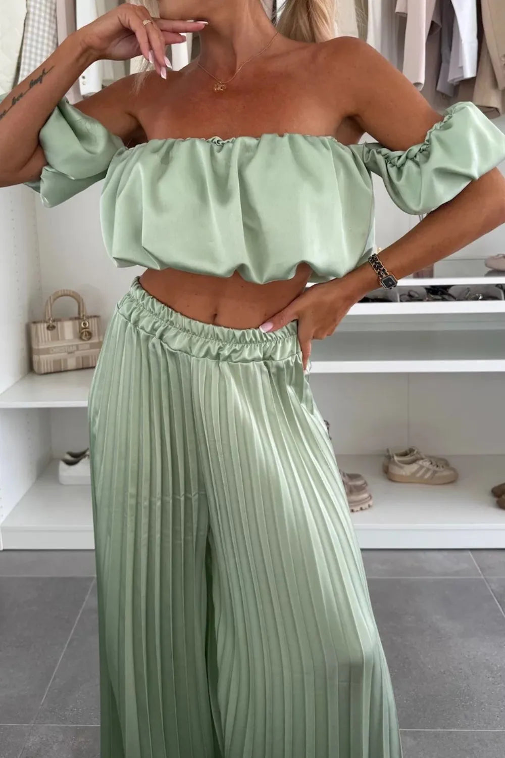 Off-Shoulder Top and Pleated Pants Set Luckygirlsclothingcompany.com