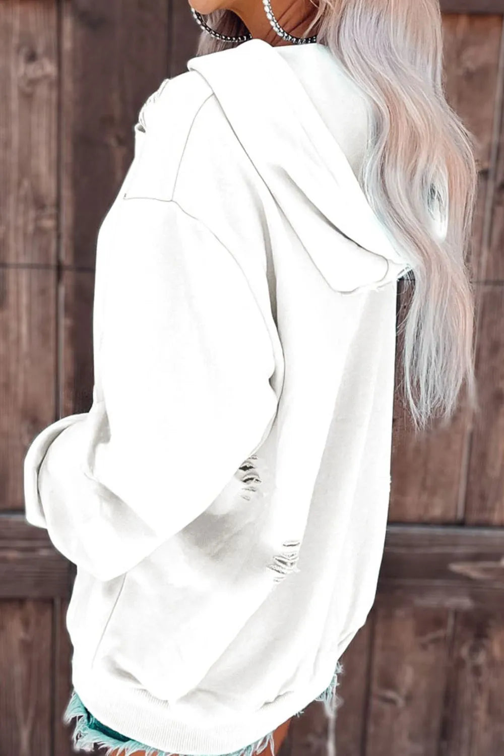 Distressed Drawstring Long Sleeve Hoodie 
