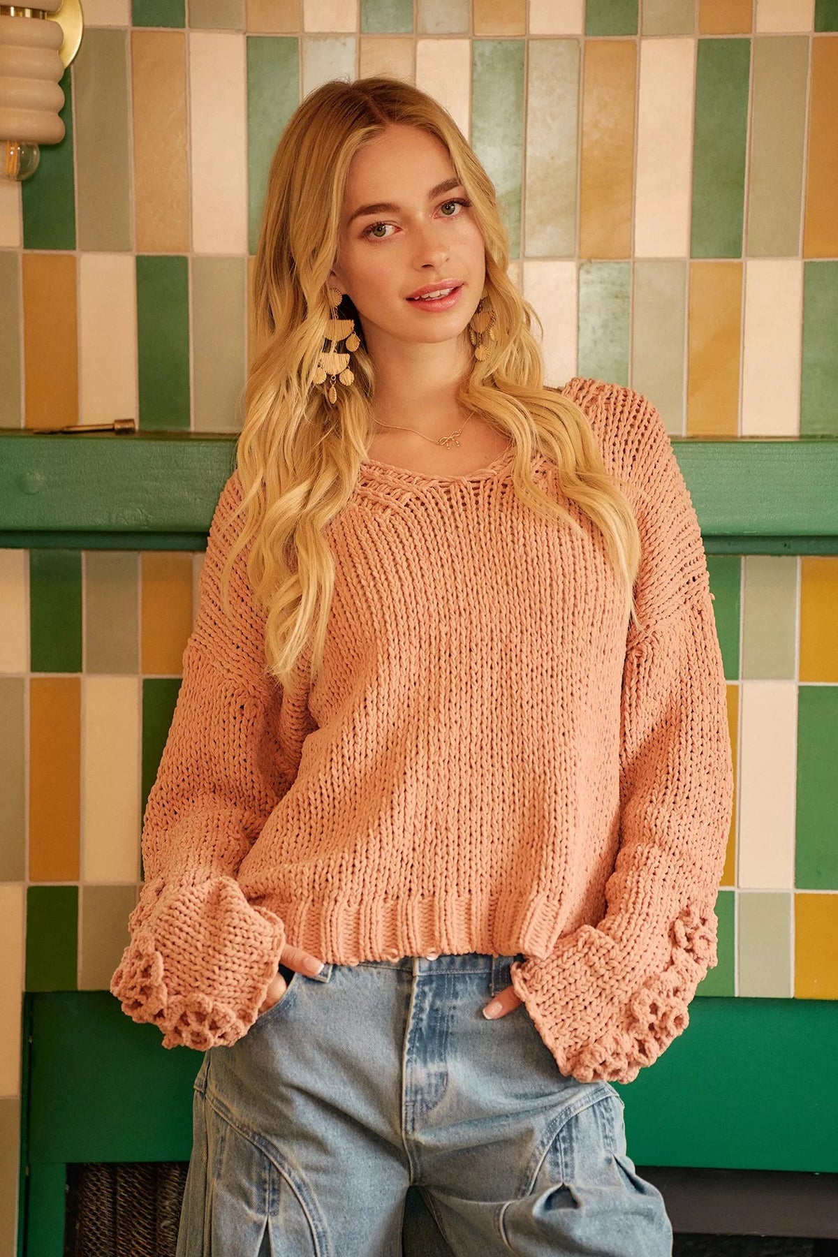BiBi Chunky Knit Sweater with Flower Detail Sleeves Trendsi