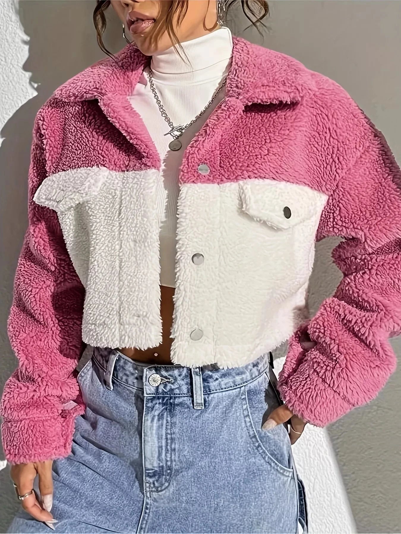 Two-Tone Plush Cropped Jacket 