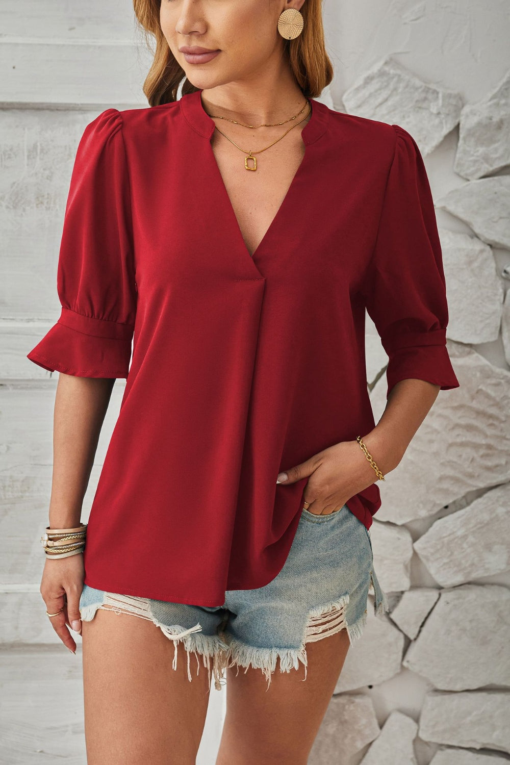 Notched Half Sleeve Blouse Trendsi