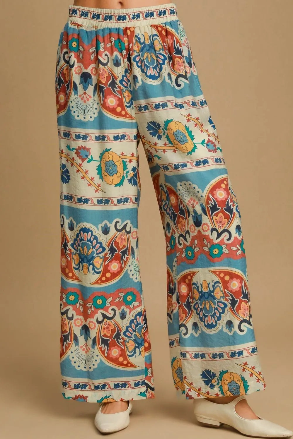 Umgee Full Size Wide Leg Border Print Pants Plus Size 