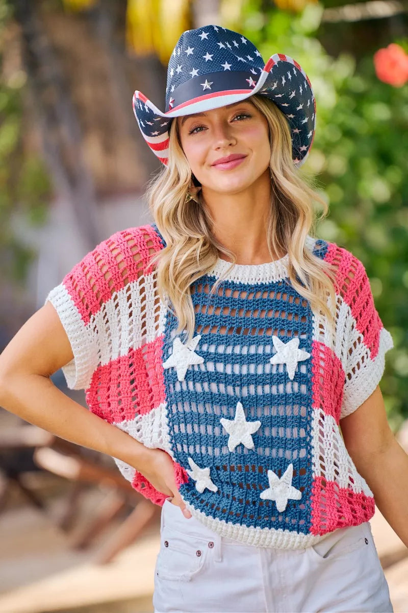 BiBi Crochet Star Patches 4th Of July Sweater Cover Up 