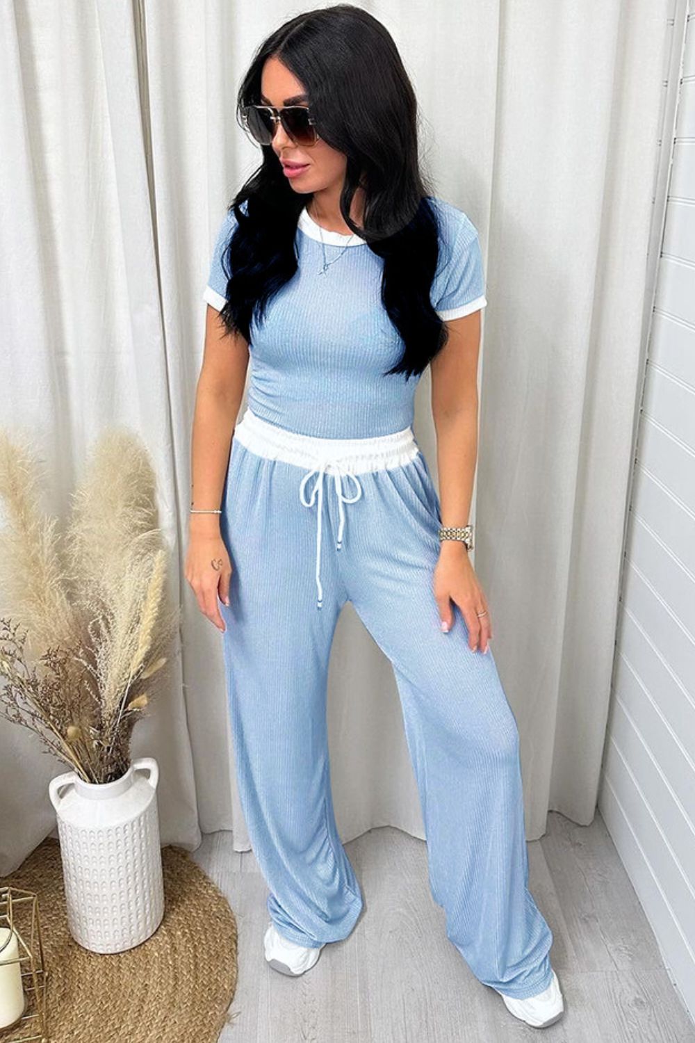 Contrast Trim Round Neck Top and Pants Set Trendsi