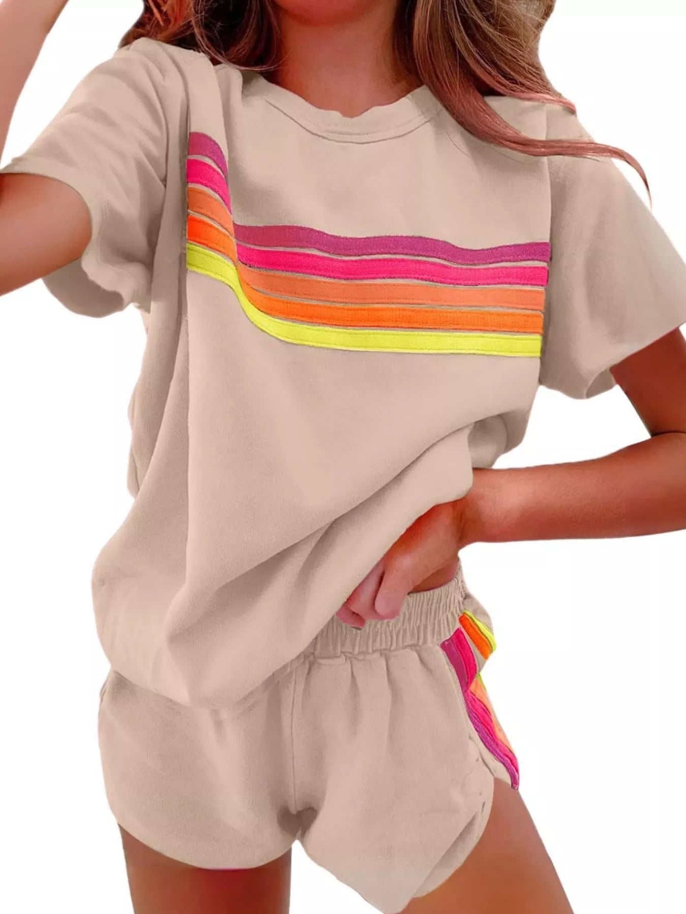 Rainbow Striped Round Neck Top and Shorts Set Trendsi
